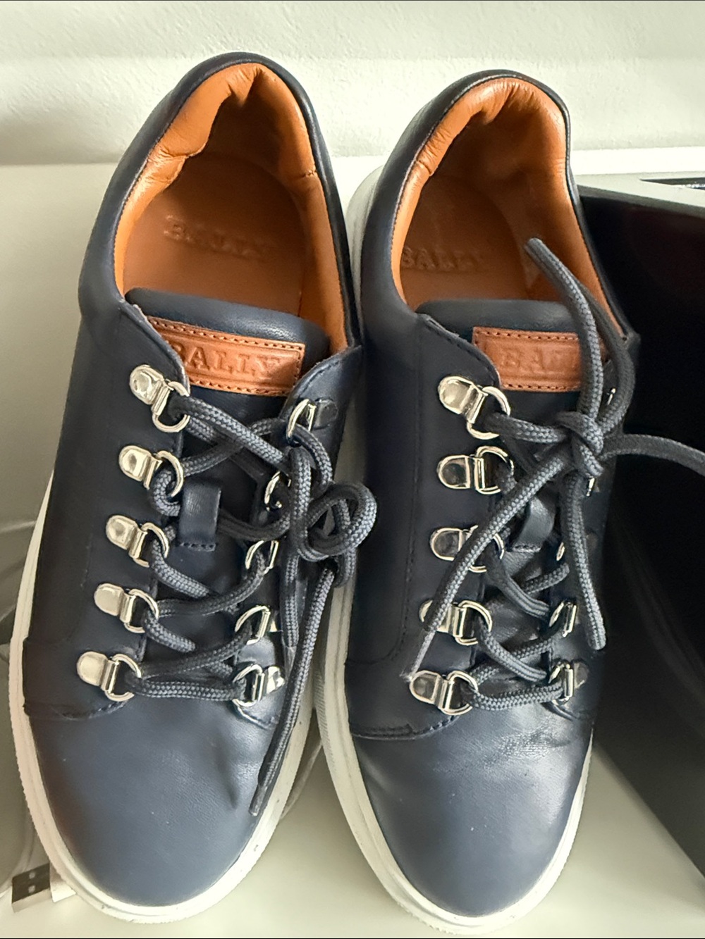 Bally Navy Leather Sneakers with Tan Interior